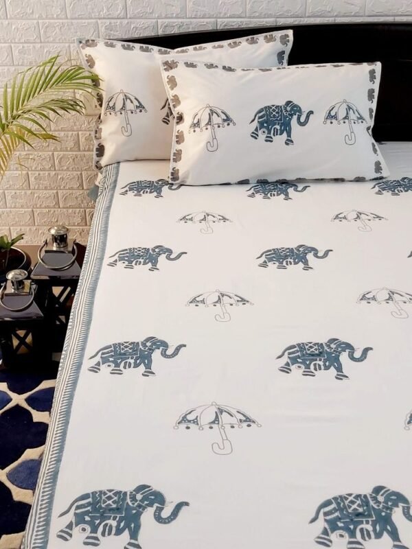 Blue Elephant Parade Cotton Bedsheet Set