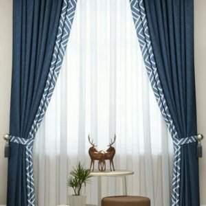 Blue Geometric Edge Curtains with Sheer Layer