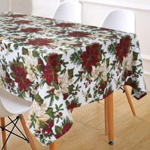 Festive Poinsettia Holiday Tablecloth with Pine & Holly Accents