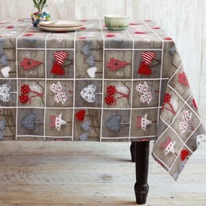 Rustic Heart & Tree Patchwork Tablecloth in Festive Tones
