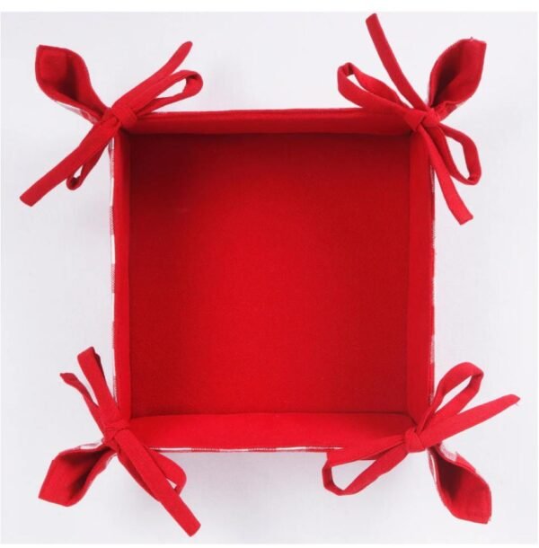 Red Cotton Fabric Basket – 8"x8"x3" | Decorative Storage Tray with Bows