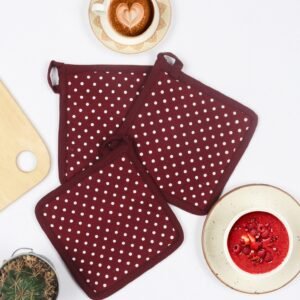 Classic Maroon Polka Dot Pot Holders – Set of 3
