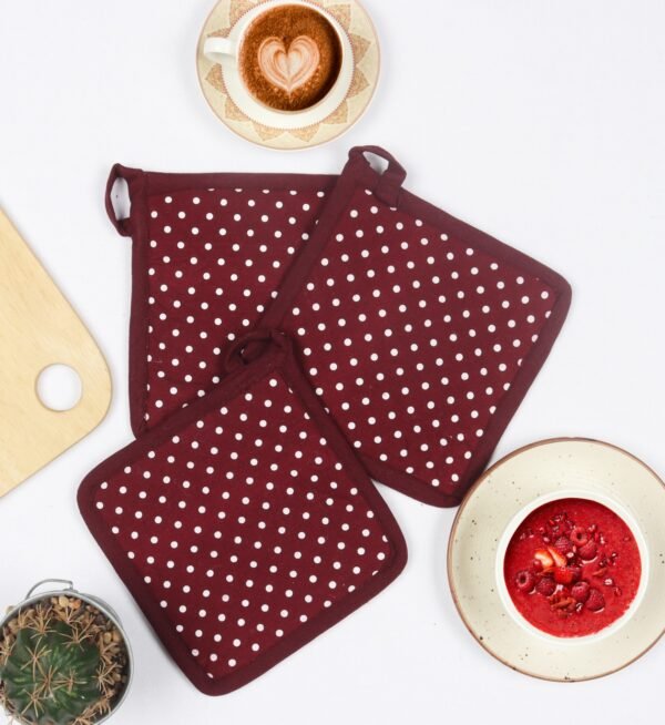 Classic Maroon Polka Dot Pot Holders – Set of 3