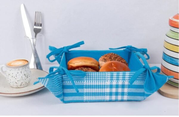 Blue Gingham Cotton Bread Basket – 8"x8"x3" | Decorative Table Organizer