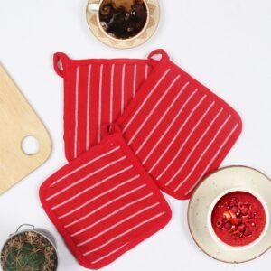 Red Striped Cotton Pot Holders – Set of 3 | Heat-Resistant & Stylish